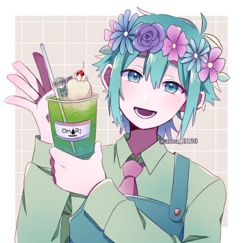 Rule 34 | 1boy, amane (ama yzk00), antenna hair, apron, basil (headspace) (omori), basil (omori), collared shirt, colored skin, commentary request, cup, drinking straw, flower, flower wreath, green apron, green eyes, green hair, green shirt, head wreath, highres, holding, holding cup, long sleeves, looking at viewer, lower teeth only, male focus, necktie, omori, open mouth, red necktie, shirt, short hair, smile, solo, teeth, twitter username, white skin