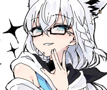 1girl animal_ear_fluff animal_ears blush braid commentary_request detached_sleeves earrings extra_ears fox_ears fox_girl glasses green_eyes hair_between_eyes hololive hood hoodie houshou_marine_(artist) jewelry long_hair looking_at_viewer shirakami_fubuki shirakami_fubuki_(1st_costume) sidelocks simple_background single_braid smile solo sparkle virtual_youtuber white_background white_hair white_hoodie