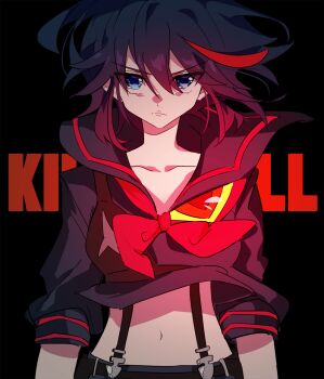 1girl black_hair blue_eyes breasts collarbone commentary_request copyright_name kill_la_kill matoi_ryuuko mg_nemuio multicolored_hair navel red_streaks school_uniform senketsu serafuku short_hair solo streaked_hair suspenders upper_body
