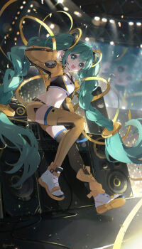 1girl :d aqua_eyes aqua_hair arm_up asymmetrical_legwear black_thighhighs blurry blurry_background braid breasts confetti crop_top cropped_jacket eggplant_(dadamiao) floating_hair full_body hair_between_eyes hair_ornament hand_on_own_ear hatsune_miku jacket knee_up light_blush long_hair long_ribbon long_sleeves looking_at_viewer midriff mismatched_legwear navel open_clothes open_jacket open_mouth ribbon screen shoes short_shorts shorts sitting small_breasts smile solo speaker stadium stage_lights teeth thick_eyelashes thighhighs twin_braids upper_teeth_only very_long_hair vocaloid white_shoes yellow_jacket yellow_ribbon yellow_shorts yellow_thighhighs