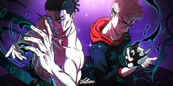 2boys absurdres aura battle black_hair clenched_hand flexing_pectorals foreshortening grin highres itadori_yuuji jujutsu_kaisen male_focus multiple_boys muscular muscular_male scar scar_across_eye scar_on_face serious short_hair side-by-side sideburns smile star_(symbol) star_symbol_background tettora topless_male toudou_aoi_(jujutsu_kaisen) undercut