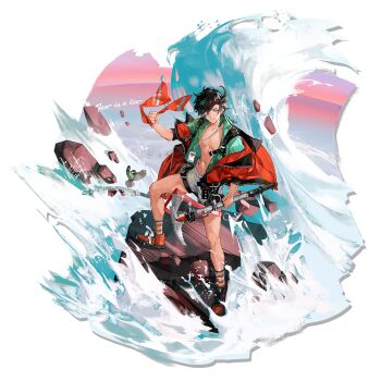 Rule 34 | 1boy, ahoge, ankle socks, arknights, belt, bird, bishounen, black hair, boots, brown jacket, bryophyta (arknights), cenm0, drop shadow, dyed ahoge, english text, full body, green hair, green shirt, green skirt, headband, highres, holding, holding headband, ice axe, id card, jacket, japanese tit, looking at viewer, material growth, multicolored hair, navel, official art, open clothes, open jacket, open shirt, orange headband, oripathy lesion (arknights), pink eyes, rock, shirt, shorts, skirt, smile, socks, standing, standing on rock, stomach, streaked hair, third-party source, toned, toned male, transparent background, waves, white shorts