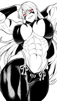 1girl abs arm_behind_head arms_up biceps body_markings breasts commentary cowboy_shot facepaint from_below fuuma_kotarou_(tenkaichi) greyscale grin hair_between_eyes highres large_breasts legs_together long_hair looking_at_viewer looking_down monochrome muscular muscular_female navel pants red_eyes rope simple_background smile solo spot_color standing stomach tenkaichi_nihon_saikyou_bugeisha_ketteisen very_long_hair websake