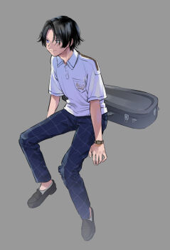 1boy ano_amesuke black_hair black_shoes blue_pants commentary_request full_body grey_socks highres instrument_case invisible_chair light_smile male_focus original pants plaid_clothes plaid_pants polo_shirt purple_eyes school_uniform shirt shoes sitting smartwatch socks solo watch white_shirt wristwatch