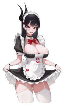 1girl absurdres alternate_costume apron behemoth_(nikke) black_choker black_dress black_hair black_horns black_lips black_nails blunt_bangs bow bowtie breasts choker cleavage clothes_lift commentary cropped_legs detached_collar dress dress_lift ear_piercing enmaided finger_tattoo frilled_dress frills garter_straps goddess_of_victory:_nikke heart highres horns large_breasts lifting_own_clothes long_hair looking_at_viewer maid maid_apron maid_headdress neck_tattoo open_mouth panties pantyshot piercing puffy_short_sleeves puffy_sleeves red_bow red_bowtie red_eyes sehyang sharp_teeth short_sleeves sidelocks simple_background skindentation smile solo standing tattoo teeth thighhighs tongue tongue_out underwear upper_teeth_only white_apron white_background white_panties white_thighhighs wristband