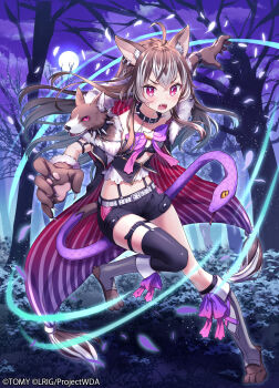 1girl 90kyuuri animal_ears black_shirt black_shorts black_thighhighs brown_hair copyright_notice fangs full_moon highres long_hair looking_at_viewer moon multicolored_hair official_art open_mouth orthrus_(wixoss) pink_eyes red_eyes shirt shorts snake_head_tail solo streaked_hair tail teeth thighhighs upper_teeth_only white_hair wixoss wolf_ears wolf_girl