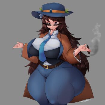 1girl absurdres ass belt blue_hat breasts brown_coat brown_hair cigar coat curvy dress_shirt frills gensokyo_odyssey hat highres huge_ass jacket kakkoi_elbertson large_breasts long_hair mafia purple_eyes shirt smile smoking solo suit_jacket sunglasses theomegagod thick_thighs thighs touhou triangular_eyewear vest waistcoat wide_hips