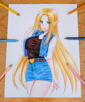 1girl alpha_(kage_no_jitsuryokusha_ni_naritakute!) belt black_shirt blonde_hair breasts colored_pencil_(medium) denim denim_jacket denim_skirt elf hair_over_one_eye jacket kage_no_jitsuryokusha_ni_naritakute! large_breasts long_hair looking_at_viewer open_mouth photo_(medium) pointy_ears shirt simple_background skirt smile solo traditional_media very_long_hair white_background yandereraptor