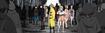 4boys 5girls ahoge aikawa_miyuu ascot black_boots black_eyes black_gloves black_hair black_hairband black_jacket black_pants blue_jacket blue_necktie blue_pantyhose blunt_bangs boots bow breasts brown_coat brown_eyes brown_hair brown_jacket buttons capelet coat collared_shirt double-breasted dress_bow dress_shirt everyone fedora fur-trimmed_capelet fur_trim gamon_yuuta glasses gloves gold_necklace green_hair grey_eyes grey_neckerchief hair_ornament hairband hairclip hashigami_sarai hat headband heart heart_button heart_hair_ornament high-waist_skirt high_ponytail highres holding_ray_gun hood hoodie huge_breasts impossible_clothes jacket jewelry key_visual knee_boots kurenaino_aria kusakabe_kiryuu leather leather_jacket long_hair long_sleeves medium_breasts medium_hair miniskirt moritsuka_shun multicolored_coat multicolored_gloves multiple_boys multiple_girls narusawa_ryouka neckerchief necklace necktie nishizono_ririka occultic;nine official_art open_clothes open_coat pants pantyhose pink_hoodie pink_skirt ponytail promotional_art purple_capelet purple_headband purple_sweater red_capelet red_gloves science_adventure shirt short_hair skirt standing suit_jacket sumikaze_touko sweater thighhighs white_coat white_shirt white_thighhighs yamaguchi_satoshi yellow_ascot yellow_coat yellow_hood