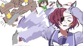 2girls animal_ears astronghouse brown_hair closed_eyes ear_ornament eyepatch fence hayakawa_tazuna highres horse_ears horse_girl jujutsu_kaisen multicolored_hair multiple_girls red_hair school_uniform short_hair streaked_hair tanino_gimlet_(umamusume) tracen_school_uniform umamusume white_background