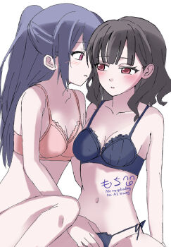 2girls arm_at_side artist_name assault_lily bare_arms bare_legs bare_shoulders black_bra black_hair black_panties blush bra breasts cleavage closed_mouth collarbone commentary cowboy_shot frilled_bra frills fukuyama_jeanne_sachie grey_hair half_updo hand_on_another&#039;s_crotch heads_together kuroki_francisca_yuria long_hair looking_at_another looking_to_the_side medium_breasts medium_hair mochi_(mcasrtitk) multiple_girls navel panties parted_lips pink_bra pink_eyes red_eyes side-tie_panties sideways_glance simple_background sitting stomach string_panties underwear underwear_only watermark white_background yuri