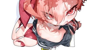 1-5iro 1girl absurdres animal_ears blue_archive detached_collar fake_animal_ears highres jacket leotard looking_at_viewer neru_(blue_archive) neru_(bunny)_(blue_archive) official_alternate_costume playboy_bunny rabbit_ears red_eyes red_hair red_leotard solo strapless strapless_leotard