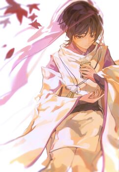 1boy black_eyes black_hair black_sash blunt_ends closed_mouth cowboy_shot cup dfish2_0 expressionless eyeliner eyeshadow feathers fingernails genshin_impact highres holding holding_cup japanese_clothes kariginu kimono layered_sleeves leaf looking_past_viewer makeup male_focus maple_leaf open_hand pants pelvic_curtain pom_pom_(clothes) purple_kimono purple_sleeves purple_veil red_eyeliner red_eyeshadow sash scaramouche_(genshin_impact) scaramouche_(kabukimono)_(genshin_impact) see-through_clothes see-through_veil solo steam string tsurime veil white_background white_pants white_sleeves wide_sleeves wispy_bangs yellow_feathers yunomi