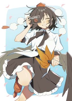Rule 34 | 1girl, bird wings, black bow, black bowtie, black skirt, black wings, blush, bow, bowtie, camera, closed eyes, commentary request, facing viewer, feathered wings, frilled skirt, frills, geta, grin, hat, hauchiwa, holding, holding camera, pointy ears, pom pom (clothes), puffy short sleeves, puffy sleeves, red hat, sakic43899, shameimaru aya, shirt, short sleeves, skirt, smile, solo, tengu-geta, tokin hat, touhou, white shirt, wings