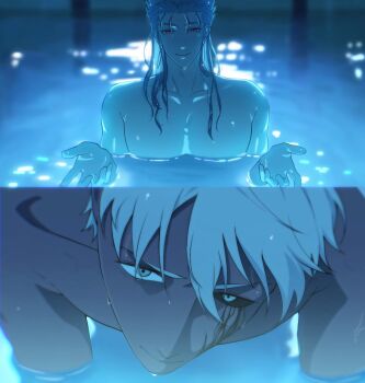 2boys archer_(fate) archer_alter_(fate) black_sclera blue_hair ccinnamonka chainsaw_man colored_sclera cu_chulainn_(caster)_(fate) cu_chulainn_(fate) dark-skinned_male dark_skin earrings fate/grand_order fate_(series) grey_eyes highres i&#039;ll_teach_you_everything_(chainsaw_man) jewelry light_reflection_(water) long_hair male_focus mismatched_sclera movie_reference multiple_boys parody partially_submerged pool red_eyes scene_reference smile topless_male water wet wet_hair white_hair