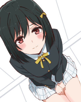 1girl black_hair black_jacket blush closed_mouth collared_shirt from_above hair_ribbon jacket long_sleeves looking_at_viewer love_live! love_live!_nijigasaki_high_school_idol_club mifune_shioriko neck_ribbon nijigasaki_school_uniform plaid_clothes plaid_skirt pleated_skirt red_eyes ribbon school_uniform shirt short_hair skirt skt_(ryxxxxx) solo split_mouth v_arms white_shirt white_skirt winter_uniform yellow_ribbon