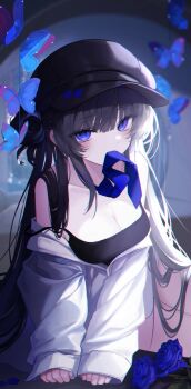 1girl absurdres black_hair black_hat blue_butterfly blue_eyes blue_flower blue_necktie blue_rose breasts bug butterfly cleavage commentary flower hat highres insect jacket jacket_partially_removed karou_(lhscck302) long_hair looking_at_viewer medium_breasts mouth_hold necktie necktie_in_mouth newsboy_cap original rose solo symbol-only_commentary