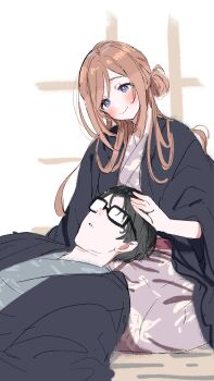 Rule 34 | 1boy, 1girl, absurdres, black-framed eyewear, black hair, blush, brown hair, commentary, gakuen idolmaster, glasses, grey kimono, hand on another's head, hanten (clothes), hetero, highres, himesaki rinami, idolmaster, indoors, japanese clothes, kasasagi (futagodori888), kimono, lap pillow, long hair, looking at another, lying, on back, producer (idolmaster), purple kimono, sitting, smile