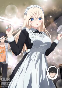 &gt;:) 1girl 2boys absurdres adjusting_eyewear apron black_dress black_hair black_pants blonde_hair blue_eyes breasts clock closed_mouth collarbone collared_dress collared_shirt commentary_request dress dress_shirt facial_hair frilled_apron frills glasses grey_shirt hair_between_eyes hand_up hands_up highres indoors large_breasts long_hair long_sleeves maid maid_apron maid_headdress misaki_nonaka multiple_boys opaque_glasses open_clothes open_shirt orange_shirt original pants parted_lips shirt smile sparkle stubble twitter_username v-shaped_eyebrows very_long_hair wall_clock watermark white_apron