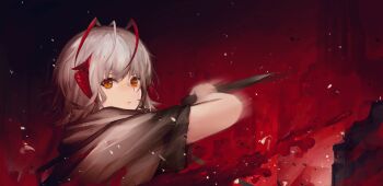 1girl absurdres antenna_hair arknights brown_eyes closed_mouth commentary_request expressionless grey_hair highres looking_at_viewer motion_blur red_background sasa_kurumi short_hair short_sleeves smoke solo upper_body w_(arknights)