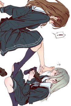 12thfog 2girls bang_dream! bang_dream!_it&#039;s_mygo!!!!! barefoot blue_skirt blue_socks brown_hair highres imminent_licking kneehighs long_hair long_sleeves multiple_girls nagasaki_soyo no_shoes open_mouth pleated_skirt school_uniform simple_background sitting skirt socks sweatdrop tsukinomori_school_uniform wakaba_mutsumi wariza white_background yellow_eyes yuri