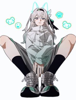 1girl alternate_costume animal_ears aqua_jacket black_bow black_hairband black_socks blue_eyes blue_hair blush boots bow bright_pupils cat_ears closed_mouth collared_jacket firefly_(honkai:_star_rail) full_body gradient_clothes gradient_hair gradient_jacket grey_hair grey_shorts hair_between_eyes hair_bow hair_ornament hairband hashtag-only_commentary highres honkai:_star_rail honkai_(series) jacket kabokwa leaf_hair_ornament long_hair long_sleeves looking_at_viewer multicolored_eyes multicolored_hair pink_eyes pocket puffy_long_sleeves puffy_sleeves shorts simple_background sitting smile socks solo spread_legs wavy_hair white_background white_boots white_jacket white_pupils zipper