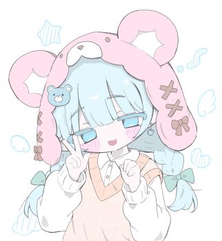 1girl :3 animal_ear_headwear aqua_hair bear_earrings bear_hair_ornament bear_hat blue_eyes blush_stickers bow braid buttons collared_shirt colored_eyelashes commentary_request fake_animal_ears fang green_bow hair_bow hair_ornament hands_up hat heart highres izumi_(yura_izumi) long_hair long_sleeves looking_at_viewer multiple_hair_bows open_mouth orange_sweater_vest original pink_hat shirt smile solo star_(symbol) sweater_vest twin_braids upper_body w white_background white_shirt