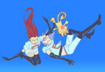 1boy 1girl 1other @_@ black_boots black_gloves blue_background blue_eyes blue_hair boots clenched_teeth clickuu closed_eyes crop_top earrings elbow_gloves falling full_body furrowed_brow gen_1_pokemon gloves james_(pokemon) jessie_(pokemon) jewelry long_hair medium_hair meowth midriff nintendo open_mouth pants parted_lips pokemon pokemon_(anime) pokemon_(creature) red_hair shirt shirt_under_shirt sketch skirt team_rocket team_rocket_uniform teeth thigh_boots white_pants white_shirt white_skirt