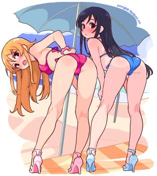 2girls aragaki_ayase ass bikini black_hair blue_bikini breasts commentary fang hair_ornament high_heels kousaka_kirino long_hair looking_at_viewer looking_back multiple_girls open_mouth ore_no_imouto_ga_konna_ni_kawaii_wake_ga_nai petite pink_bikini pongldr small_breasts swimsuit umbrella