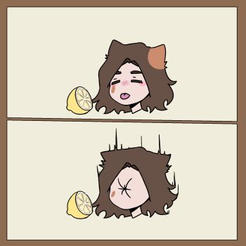 1girl androura animal_ears brown_hair closed_eyes commentary english_commentary food fruit head_only highres lemon meme original shaking thour_(meme) tongue tongue_out
