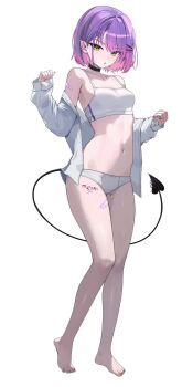 1girl bandaid bandaid_on_leg barefoot black_choker bob_cut bow bow_panties bra breasts chain chain_earrings choker commentary cross cross_earrings crotch_seam demon_girl demon_tail ear_piercing earrings english_commentary full_body gradient_hair green_eyes green_nails hair_ornament hairclip highres hololive jewelry kkato leg_tattoo long_sleeves looking_at_viewer multicolored_hair nail_polish navel no_pants open_clothes open_mouth open_shirt paid_reward_available panties parallel_hairclips piercing pink_hair pink_nails pointy_ears purple_hair ring shirt shirt_partially_removed short_hair small_breasts solo spiked_ear_piercing stomach tail tattoo toenail_polish toenails tokoyami_towa underwear virtual_youtuber white_bra white_panties white_shirt winged_heart winged_heart_tattoo x_hair_ornament