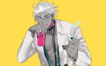 1boy abs black_choker black_nails blue_eyes can choker colored_skin commentary_request drink_can earrings facial_mark fate/grand_order fate_(series) green_shirt grey_skin hair_between_eyes hair_slicked_back highres holding holding_can indra_(celebratory_attire)_(fate) indra_(fate) jacket jewelry kiriti_aj korean_commentary lightning_bolt_facial_mark lightning_bolt_symbol long_sleeves looking_at_viewer lower_teeth_only male_focus nail_polish one_eye_closed open_clothes open_jacket open_mouth open_shirt pectoral_cleavage pectorals shirt short_hair simple_background smile snapping_fingers solo teeth toned toned_male upper_body white_hair white_jacket yellow_background