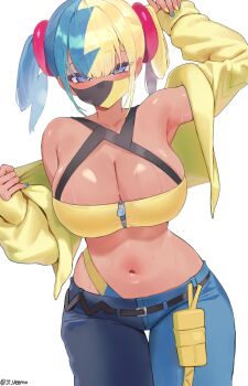 1girl absurdres aqua_nails bandeau black_hair black_mask black_pants blonde_hair blue_eyes blue_hair blue_pants breasts canari_(pokemon) cleavage highres jacket jtveemo large_breasts looking_at_viewer mask mouth_mask multicolored_hair multicolored_nails nail_polish navel nintendo pants pokemon pokemon_legends:_z-a short_hair simple_background solo sweat tan twintails two-tone_mask two-tone_pants white_background yellow_bandeau yellow_jacket yellow_mask yellow_nails