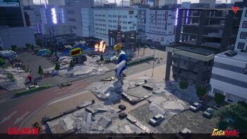 1boy 6+others acrobatics alien animated audible_music aura billboard blue_sky bowl bridge building bush cape character_name cherry_blossoms chest_beam city cloud copyright_name day debris destruction drop_kick energy energy_beam english_text fat fire fish floating flying flying_kick food giant giant_monster giant_robot giga_beam gigabash gigaman glowing glowing_hand hyper_giga_beam japanese_text kaijin kaiju kicking levitation martial_arts mecha monster motor_vehicle multiple_others noodles overpass parking_lot passion_republic_games ricocheting road robot rubble shell sign skorak skull sky skyscraper slug snail sound space_monster spinning stairs street superhero_costume supervillain sword swordfish thundatross transformation tree truck van video weapon