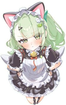 Rule 34 | 1girl, 3030ri, :t, animal ear hairband, animal ears, bell, black dress, black garter straps, blush, cat ear hairband, cat ears, closed mouth, commentary request, cowboy shot, dress, earrings, fake animal ears, frilled dress, frills, garter straps, ghost hair ornament, green eyes, green hair, hair ornament, hairband, hands on own hips, highres, jewelry, looking at viewer, maid, maid headdress, multiple hair clips, neck bell, official alternate costume, pout, red bag, simple background, solo, sunna (afternoon tea break) (zenless zone zero), sunna (zenless zone zero), tears, triangle hair ornament, white background, white wings, winged bag, wings, zenless zone zero