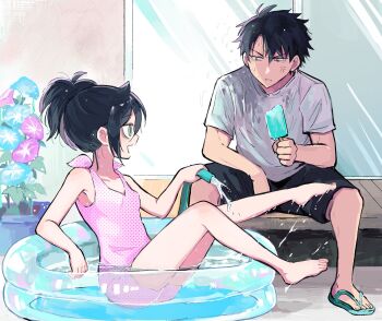 1boy 1girl alternate_hairstyle anger_vein angry aqua_sandals bags_under_eyes barefoot black_hair black_shorts breasts brother_and_sister commentary_request food green_eyes green_hair grey_eyes grey_shirt hair_between_eyes happy highres holding holding_food holding_hose holding_popsicle hose kuroki_tomoki kuroki_tomoko looking_at_another nuka_(nukamochi) one-piece_swimsuit open_mouth parted_lips partially_submerged pink_one-piece_swimsuit plant polka_dot_one-piece_swimsuit ponytail popsicle sandals shirt short_hair short_sleeves shorts siblings sidelocks sitting small_breasts smile spiked_hair swimsuit t-shirt toes wading_pool watashi_ga_motenai_no_wa_dou_kangaetemo_omaera_ga_warui! water water_drop wet wet_clothes wet_shirt