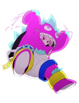 Rule 34 | 1girl, arms up, backlighting, blanka, blanka-chan, blanka (cosplay), closed mouth, colored inner hair, cosplay, cuffs, electricity, electrokinesis, grey hair, hashtag-only commentary, highres, incoming attack, jumping, kigurumi, makaino ririmu, midair, mopyo, multicolored hair, nijisanji, official alternate color, overalls, pink hair, pink streaks, pointy ears, red eyes, shackles, simple background, solo, strap slip, streaked hair, street fighter, street fighter 6, two-tone hair, v-shaped eyebrows, virtual youtuber, white background, white overalls