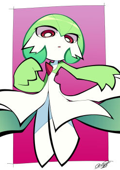 absurdres bob_cut colored_skin deformed dress gardevoir gen_3_pokemon green_hair green_skin highres looking_at_viewer multicolored_skin nintendo okitya parted_lips pink_background pink_eyes pokemon pokemon_(creature) signature two-tone_skin white_dress white_skin