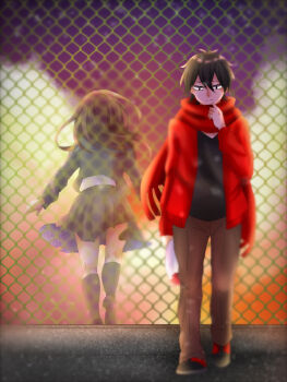 Rule 34 | 1boy, 1girl, fence, harunai, kagerou project, kisaragi shintarou, looking at viewer, on roof, tateyama ayano
