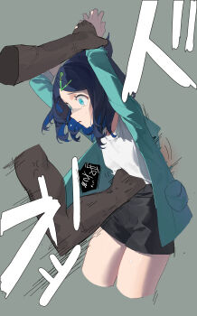 1boy 1girl absurdres arms_up black_hair black_shorts blue_eyes chinese_commentary colored_inner_hair commentary_request crying dark-skinned_male dark_skin eyelashes green_jacket grey_background hair_ornament hairclip highres holding_another's_wrist jacket liko_(pokemon) mmm_(agkh4222) motion_lines multicolored_hair nintendo open_clothes open_jacket open_mouth pokemon pokemon_(anime) pokemon_horizons punching restrained ryona shirt shorts simple_background stomach_punch tears white_shirt