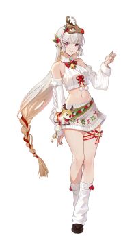 1girl absurdres amamiya_mirei brown_shoes christmas cropped_sweater detached_sleeves full_body full_moon highres long_hair looking_at_viewer midriff miniskirt moon navel official_alternate_costume official_art pink_eyes shoes skirt sleeveless sleeveless_sweater socks solo solo_leveling solo_leveling:_arise sweater white_skirt white_sleeves white_socks white_sweater