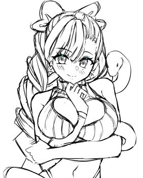 1girl arm_between_breasts arm_under_breasts bare_shoulders between_breasts blush bow bracelet braid breast_cutout breasts closed_mouth commentary cropped_sweater earrings english_commentary enma_(enmanuelart) eyelashes hair_between_eyes hair_bow hand_on_own_chin heart heart_earrings highres jewelry kanroji_mitsuri kimetsu_no_yaiba large_breasts long_hair looking_at_viewer mark_under_both_eyes midriff monochrome navel simple_background sketch sleeveless sleeveless_sweater smile snake snake_wrapped_around_arm solo sweater twin_braids upper_body white_background