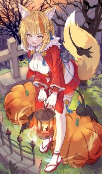 1girl animal_ear_fluff animal_ears bare_tree bat_(animal) blonde_hair blush breasts brown_hair fingerless_gloves fire_emblem fire_emblem_fates fox_ears fox_girl fox_tail fur-trimmed_jacket fur-trimmed_kimono fur_trim fuussu_(21-kazin) gloves hair_ornament highres holding holding_lantern jack-o&#039;-lantern jacket japanese_clothes kimono kitsune lantern long_sleeves looking_at_viewer medium_breasts multicolored_hair nintendo open_mouth outdoors pumpkin selkie_(fire_emblem) short_hair skindentation sky smile solo streaked_hair tail thighhighs thighs tree two-tone_hair white_gloves white_thighhighs yellow_eyes