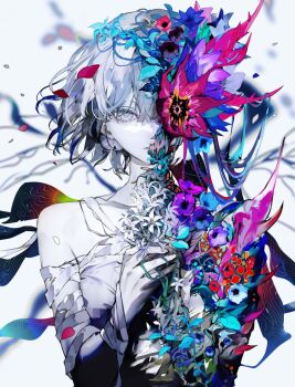 1girl bandages blurry blurry_background flower flower_over_eye highres looking_at_viewer medium_hair original pale_skin petals plant_growth single_bare_shoulder split_theme syokumura upper_body white_background white_eyes white_hair