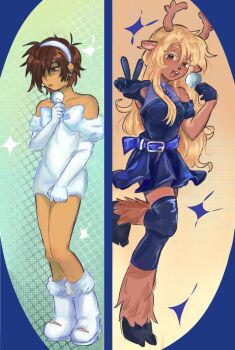1girl 1other alien_stage animal_ears antlers bare_shoulders black_dress black_gloves blonde_hair blush boots bow brown_eyes brown_fur brown_hair chest_bow clothing_cutout colored_eyelashes colored_skin commentary cosplay deer_antlers deer_ears deer_girl deltarune deltaruneslover dress english_commentary furry furry_female gloves hairband highres holding holding_microphone hooves horns kris_(deltarune) long_hair microphone mizi_(alien_stage) mizi_(alien_stage)_(cosplay) noelle_holiday off-shoulder_dress off_shoulder open_mouth red_eyes short_hair short_sleeves shoulder_cutout skirt skirt_tug sua_(alien_stage) sua_(alien_stage)_(cosplay) utdr_(toby_fox) very_long_hair w white_boots white_bow white_dress white_gloves white_hairband yellow_skin