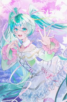 1girl aqua_eyes aqua_hair bare_shoulders blush collarbone commentary_request detached_collar detached_sleeves dress fingernails gold_trim hair_between_eyes hair_ribbon hatsune_miku highres long_hair long_sleeves looking_at_viewer murumuru_(pixiv51689952) nail_polish open_mouth pink_nails pink_ribbon pink_trim ribbon skirt smile solo twintails very_long_hair vocaloid white_dress white_skirt wide_sleeves
