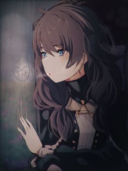 1girl black_dress blue_eyes breath brown_hair commentary condensation dress hand_on_window katya_aurelie long_hair long_sleeves looking_outside looking_to_the_side low_twintails rain re:zero_kara_hajimeru_isekai_seikatsu sad serious solo symbol-only_commentary twintails upper_body zerobarto