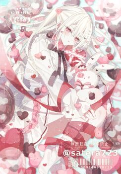 1girl blush bow brown_ribbon chocolate dress half_updo heart highres holding long_sleeves lying on_side original parted_lips pink_bow pink_eyes rabbit red_ribbon ribbon stuffed_animal stuffed_toy white_dress white_hair yakinikusakoku