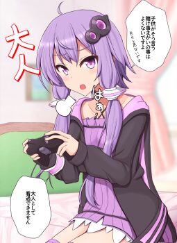 1girl :o absurdres ahoge bed_sheet black_jacket blush collarbone commentary_request controller cowboy_shot criss-cross_halter curtains double-parted_bangs dress game_controller hair_between_eyes hair_ornament halterneck highres holding holding_controller holding_game_controller hood hood_down hooded_jacket indoors jacket on_bed open_clothes open_jacket open_mouth purple_dress purple_eyes purple_hair purple_jacket purple_thighhighs short_dress short_hair_with_long_locks sitting solo speech_bubble teoi_(good_chaos) thighhighs thighs translation_request two-sided_fabric two-sided_jacket vocaloid voiceroid window yuzuki_yukari