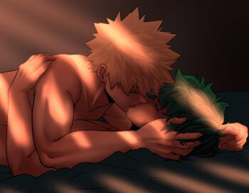 bakudeku bakugou_katsuki bed blonde_hair boku_no_hero_academia bones_(company) freckles green_hair highres inminent_sex kiss messy_hair midoriya_izuku night nude nyxdrawhine on_bed pectorals shounen_jump spiked_hair tongue yaoi